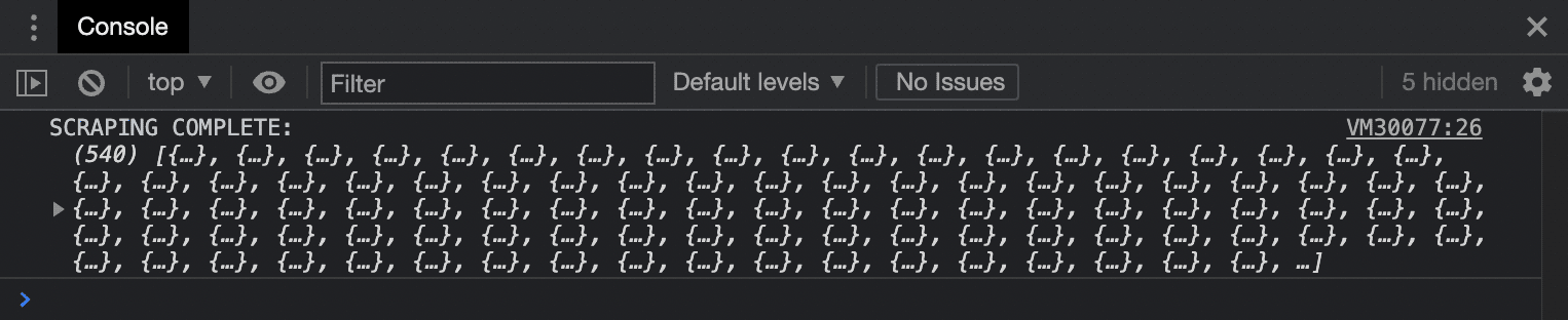 Console output after running scrollAndScrape