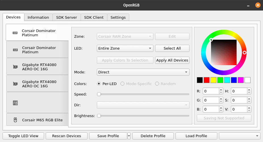 Screenshot of OpenRGB application