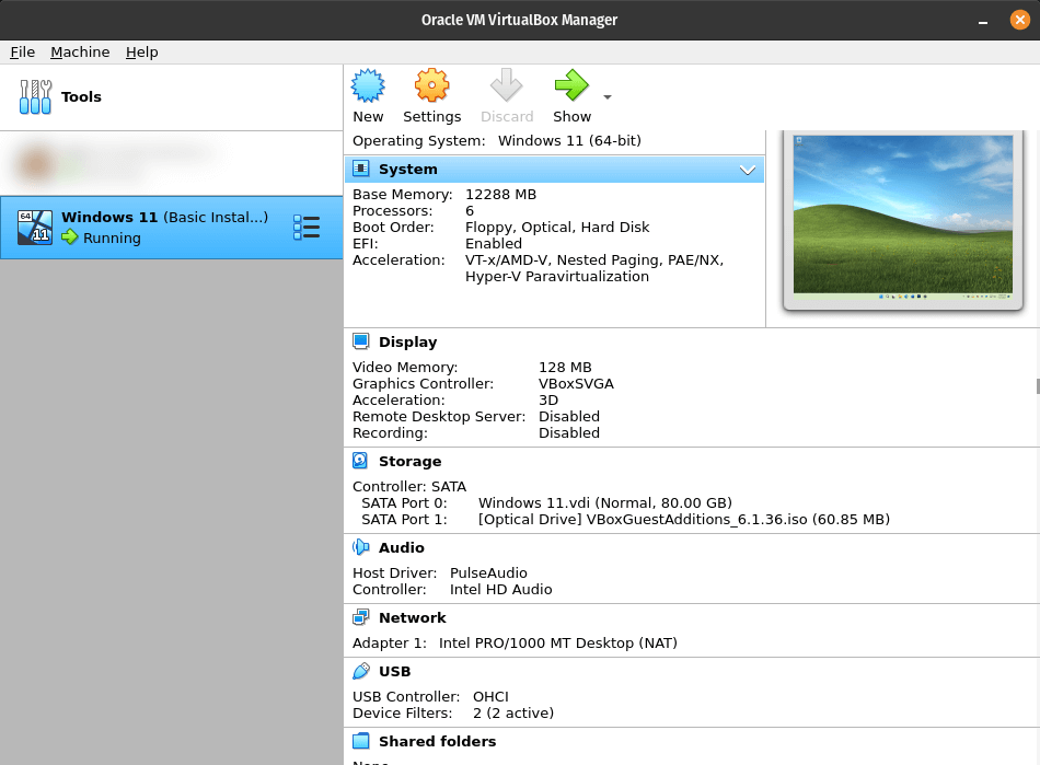 Screenshot of VirtualBox application